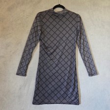 Mesh Overlay Mini Dress Women's Large Diamond Mock Neck Keyhole Back