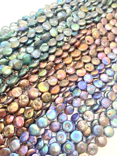 Fresh Water Coin Pearls Approx. 12-15mm 16in. Strands Peacock/Green/Purple - Picture 1 of 4