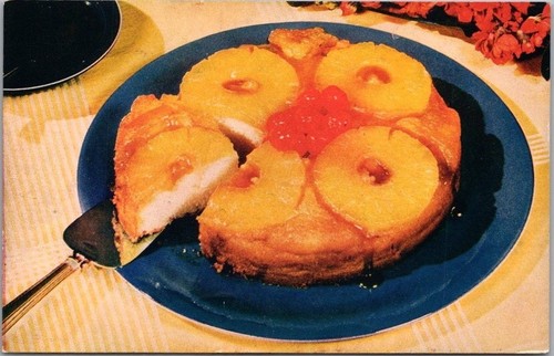 Receta de postal publicitaria vintage de los años 50 DOLE PIÑA "pastel al revés"