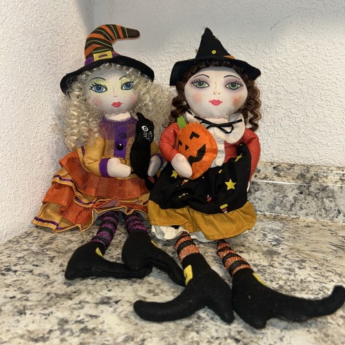Halloween Deko Hexe Schwestern Regal Sitter Plüsch Puppen Kürbis & schwarze Katze E2