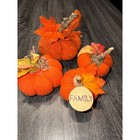 Set of 4 Fabric Pumpkins Autumn Fall Decor Orange Family Wood Slice Accent