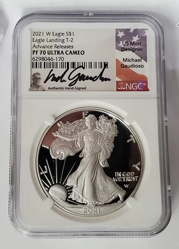 2021 W PROOF SILVER EAGLE NGC PF70 ADVANCE RELEASES GAUDIOSO SIGNED