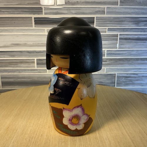 Japanische Kokeshi Holzpuppe 6 Zoll gelb Yumeji Flora Kimono Mädchen hergestellt in Japan - Bild 3 von 15