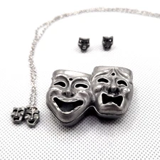 Torino Mask Drama Comedy Pewter Theater Set 3 Pendant Earrings Necklace
