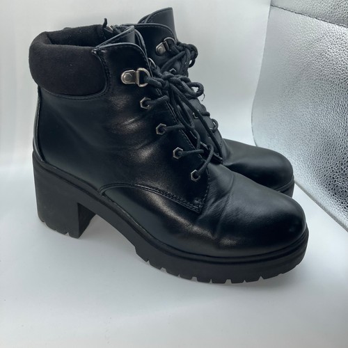 Cushionaire Remy Black Lace-Up Lug Sole Chunky Heel Boots Size 9.5M combat punk - Imagen 1 de 11