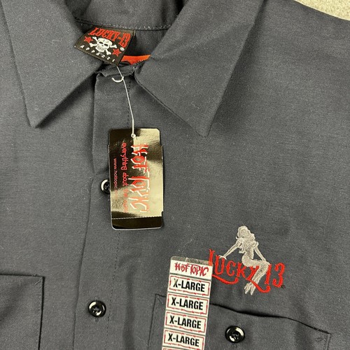 Lucky 13 Shirt Mens XL Blue Button Up Short Sleeve Gothic Pin Up Hot Topic New - Picture 3 of 9