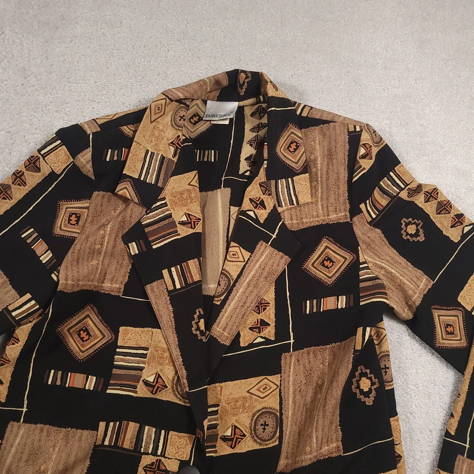 Vintage Fashion Bug Blazer Womens Small Black Tan Geometric Patchwork Jacket 90s - Image 3 of 4