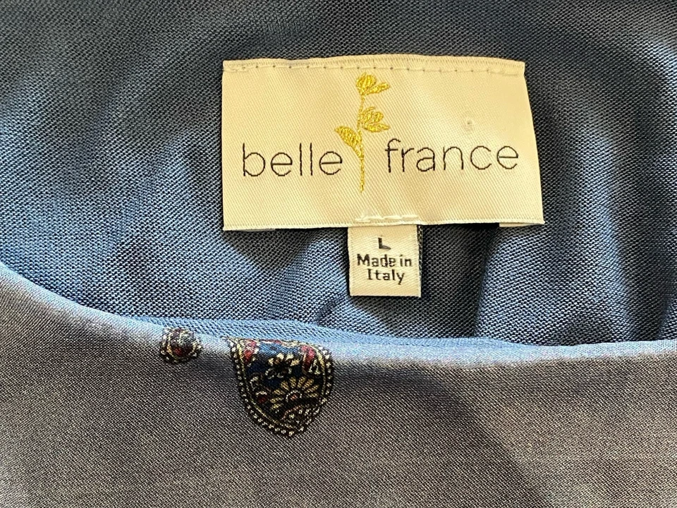 Belle France 女式花卉束腰上衣透明丝绸混纺女性仙女蓝色 L 码 — 第 4/4 张图片