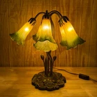 VTG Tiffany Style Lily Pad Table Lamp 5 Arm Amber &  Green Frosted Tulip Shades