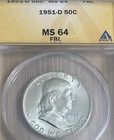 1951-D Franklin Half Dollar 50c ANACS MS64 FBL