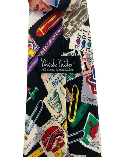 Nicole Miller Stamp Neck Tie 100% Silk VGC Colorful 1990 Vtg Office Travel Mail - Picture 7 of 10