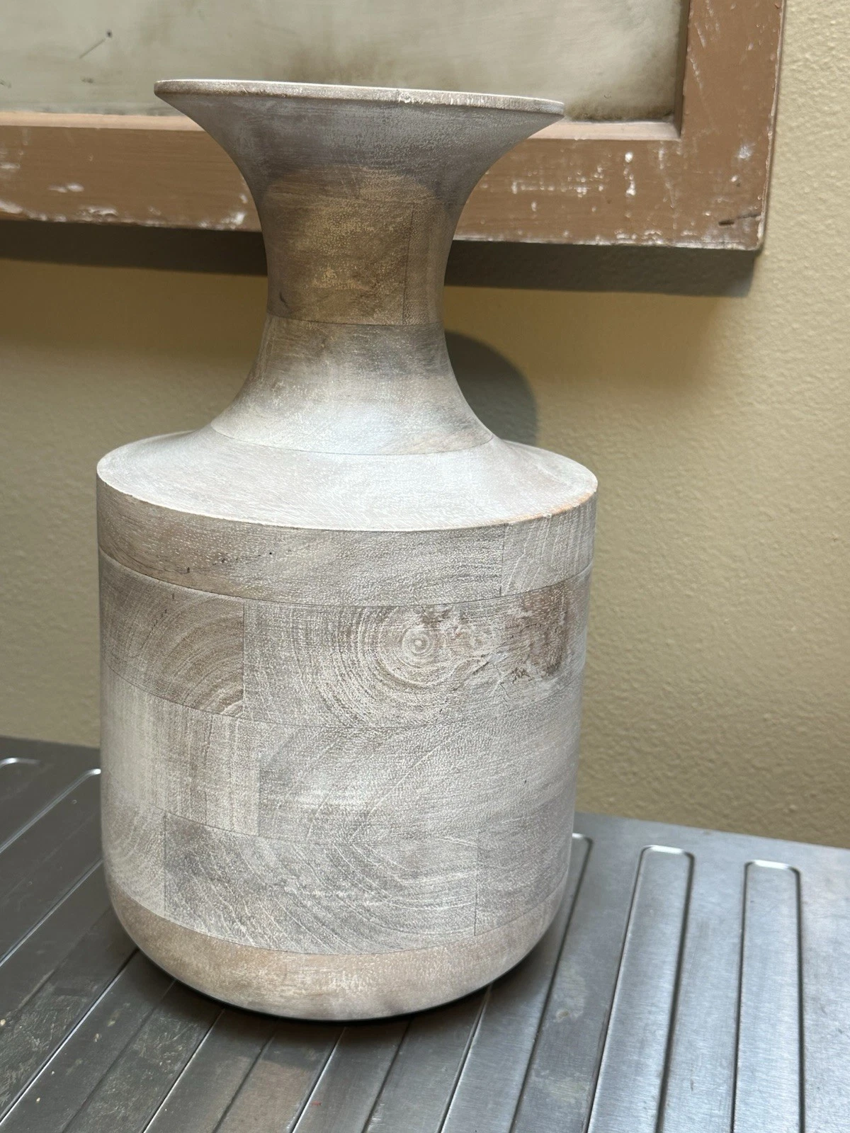 VTG Whitewashed Mango Wood Hand Carved Tall Vase Genie Bottle 12" x 7"