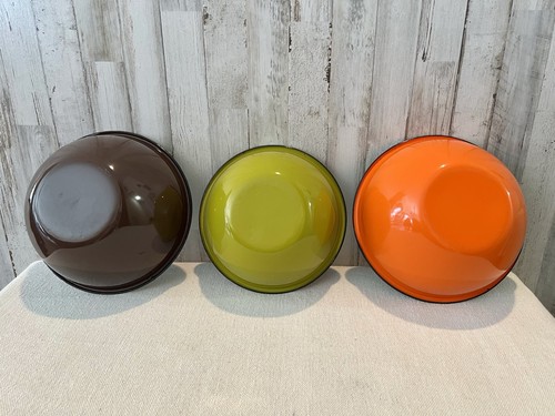 Vintage MCM Retro Enamelware With Black Rim Bowl Set Of 3 Orange Brown Avocado - Bild 2 von 12
