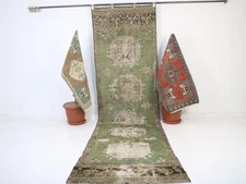 Vintage Hand Knotted Extra Long Runner Rug Green Brown Oushak Distressed 3x12 ft