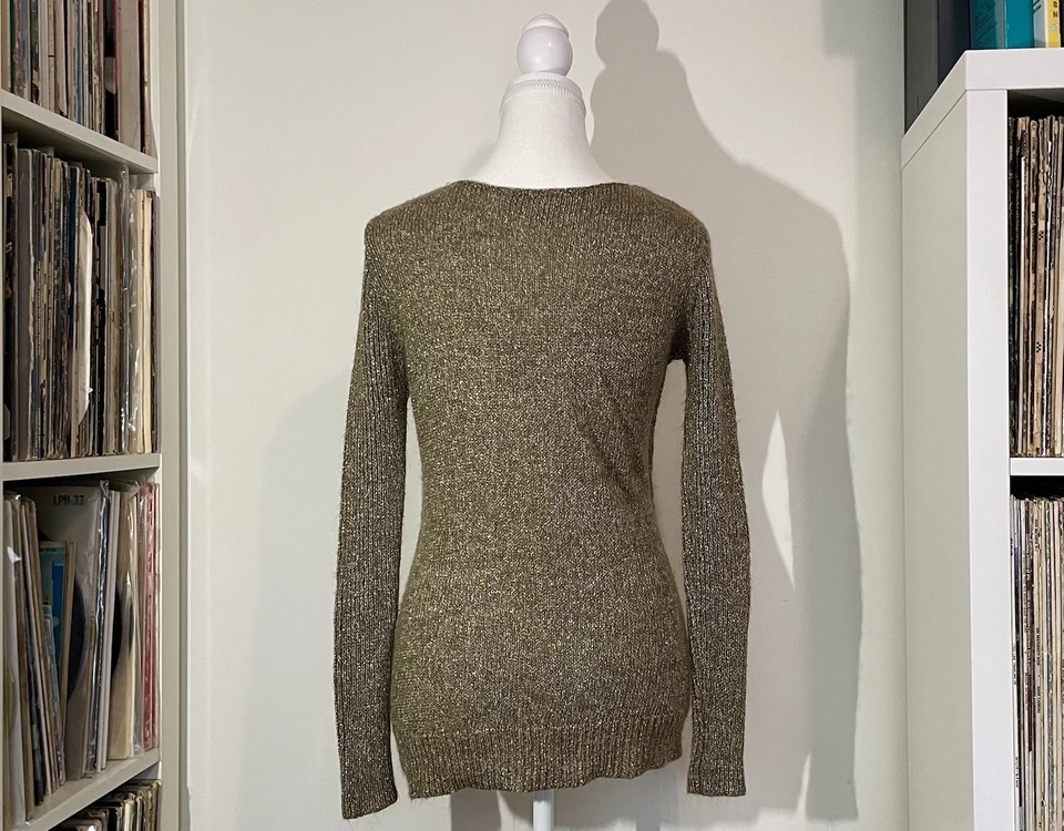 Blusa suéter feminina Y2K Nine West vintage América marrom ouro cintilante malha aberta P - Imagem 2 de 4