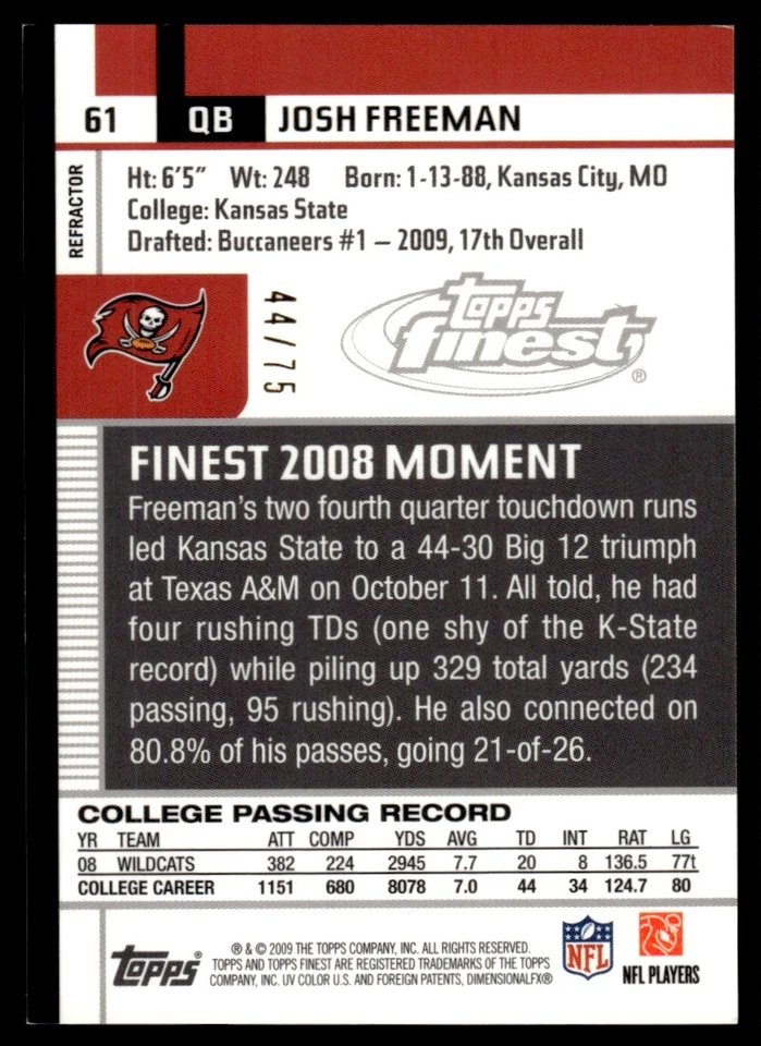 2009 Finest Gold Refractor Josh Freeman RC 44/75 Bucs #61 *Noles2148* - Image 2 of 2