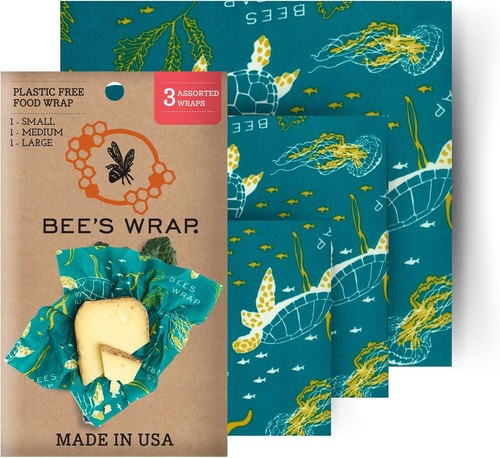Bee's Wrap Reusable Organic Beeswax Food Wraps, 3 Pack (S, M, L), Ocean