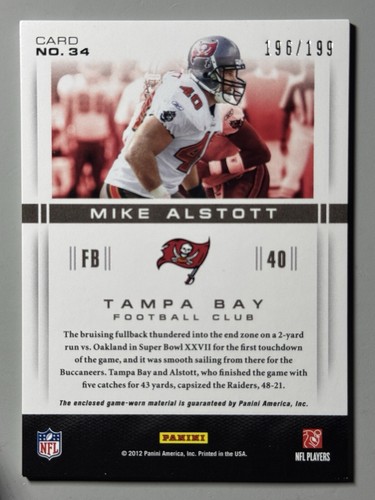 Maillot Mike Alstott 2012 Panini Momentum Materials /199 jeu d'occasion #34 Buccaneers - Photo 2 sur 3