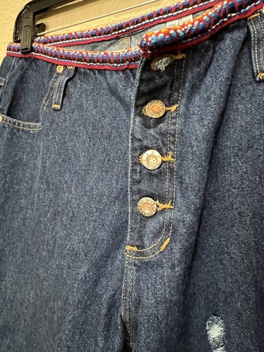 NEW Y2K Button Fly Embroidered Waist Denim Jeans Hippie Boho Grunge Dark Wash 13 - Picture 4 of 6
