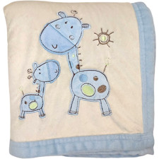 SL Home Fashions RN 119741 Beige Blue Sherpa Giraffe Baby Blanket  FLAW 
