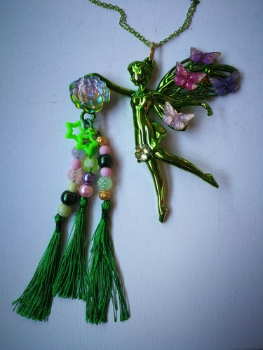 Green Fairy Belle Epoque Jewelry Art Deco Nouveau Doll Head Pendant Butterfly - Picture 3 of 24