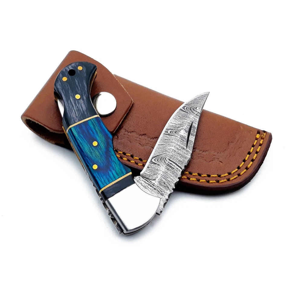 Cuchillo de bolsillo plegable con bloqueo trasero hecho a mano Damasco camping caza cuchillo bolsa Foto 3 de 4