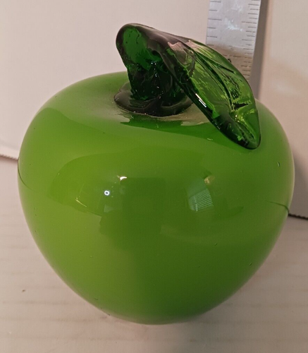 Murano Style Hand Blown Glass Lifelike Art Fruit - Green Apple w/Leaf FREE SHIP