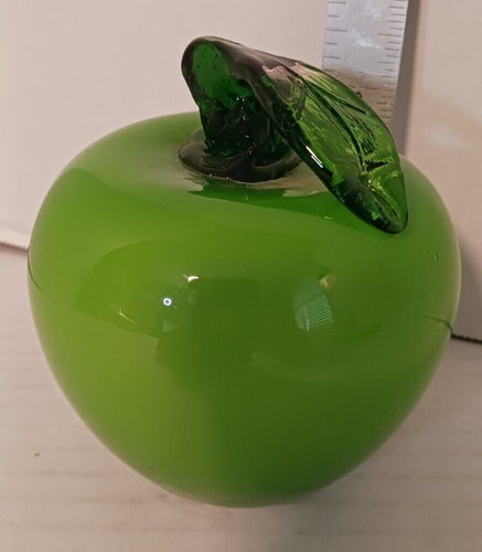 Murano Style Hand Blown Glass  Lifelike Art Fruit - Green Apple w/Leaf - Picture 1 of 3