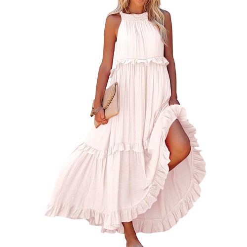 Damen Sommer Boho Rüschen lässig fließend langes Kleid Strand Swing Party Maxikleid - Bild 7 von 33