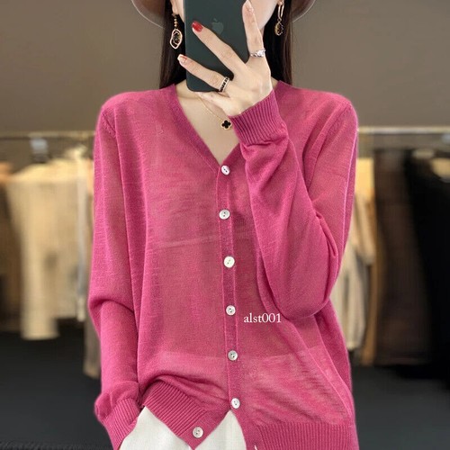 Damen Sommer V-Ausschnitt Langarm lose transparente Strickjacke klimatisierte Shirts - Bild 2 von 33