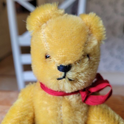 Vintage 1950s Bristly Yellow Gold Mohair East German Teddy Bear & Tag 7in VGC+