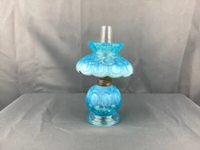 L.G. Wright Moon & Star Blue Opalescent Glass 3 Piece Miniature Oil Lamp