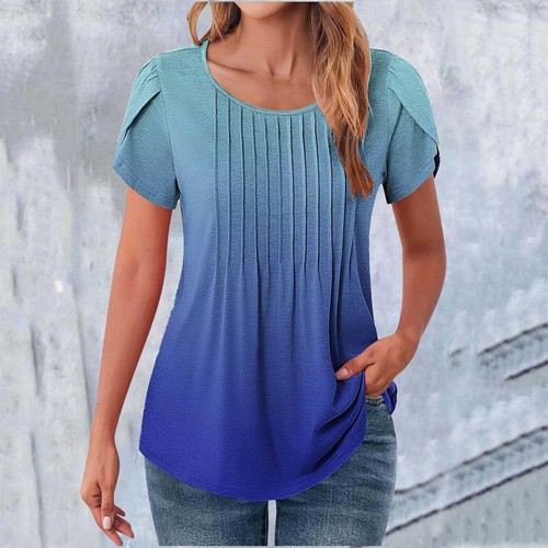 Women Fashion Petal Sleeves Crewneck Tunic Blouses Gradient Summer Tees Shirts - Picture 23 of 38