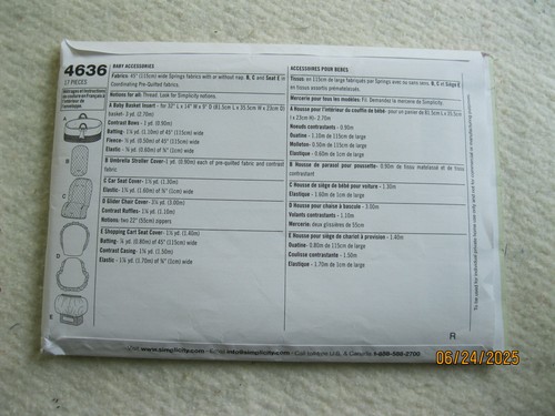 Simplicity 4636 baby accessories basket insert, stroller/car seat covers UNCUT - Picture 2 of 2