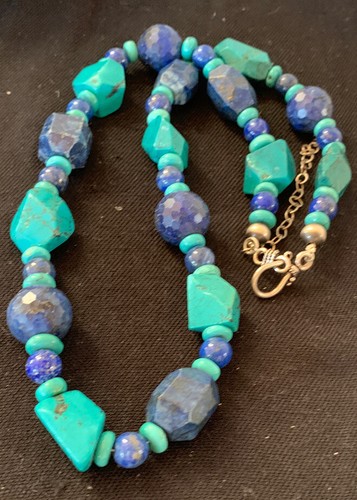 Native American Navajo Sterling Silver Lapis & Turquoise Necklace 21" 00256 - Picture 10 of 12