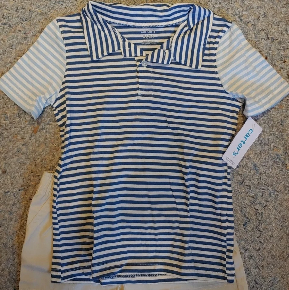 Carter's Boy Two-piece Shorts & Shirt Set. Blue stripe/ Khaki. NWT. Sz 5T. B40 - Image 2 of 4