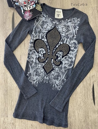 New VOCAL Womens STUDDED GRAY FLEUR DE LIS LONG SLEEVE SHIRT BLING USA S M L XL - Picture 1 of 8