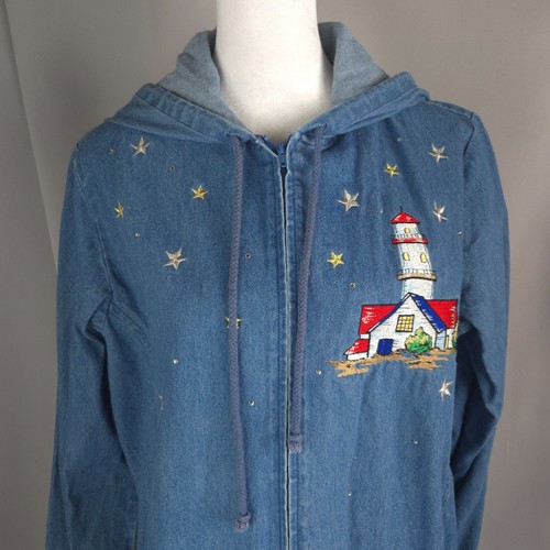 Vintage Quacker Factory Jacket Womens M Blue Denim Hooded Coastal Lighthouse - Picture 2 of 13