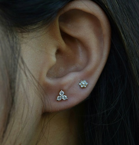 Three Diamond Ear Stud 14k Solid Gold Dainty Body Piercing Jewelry Diamond Stud. - Picture 9 of 12