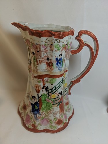 Japenese Chocolate Pot Or Tea Set Geisha Orange Red Japan Vintage - Picture 2 of 6