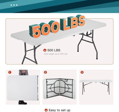Folding Table, Half Portable Folding Picnic Table for Camping Parties & Events - Picture 2 of 29