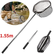 Fishing Landing Net w/ Aluminum Telescoping Pole Handle Rubber Coated Nylon Mesh