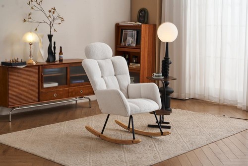 Modern Nursery Rocking Chair, Upholstered Glider Chair with High Backrest, Ivory - Picture 8 of 13
