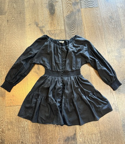 ALICE + OLIVIA Kiara Smocked Long Sleeve Off Shoulder Silk Blend Dress Black 8