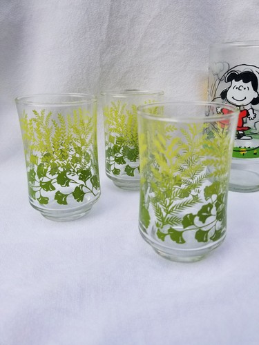 Vintage 3 Green Fern Floral Mid Century OJ Juice Water Tumbler Barware Bar Glass - Picture 1 of 5