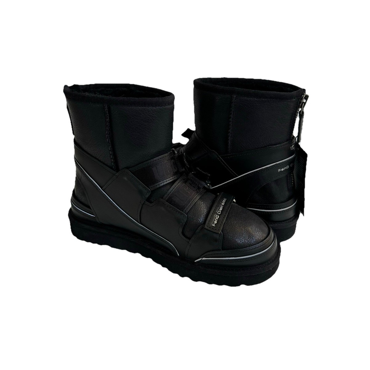 UGG X FENG CHEN WANG BLACK LEATHER SHEARLING SANDAL / BOOTS