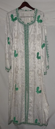 Moroccan Traditional White Caftan w Silver Silk Brocade & Green Embroideries VTG - Picture 6 of 17