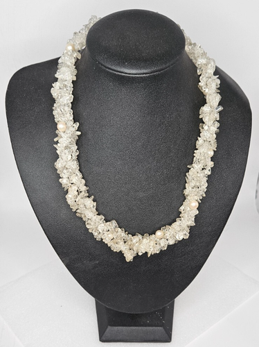 Authentic Quartz Necklace Wide Choker Chip Gemstone Pearl Bead 110g 40cm Long - Picture 2 of 9