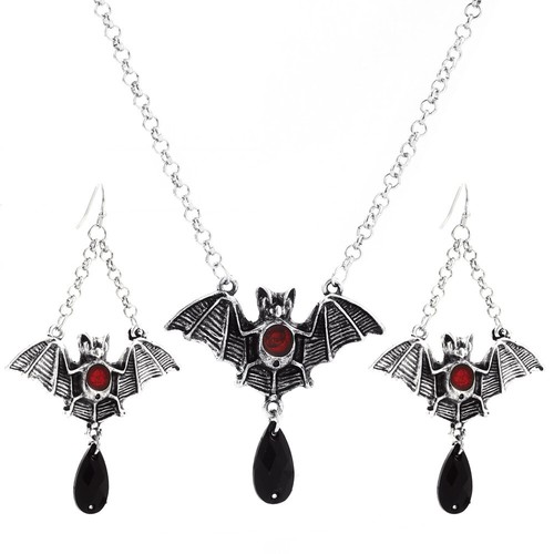 Gothic Exaggerated Black Bat Necklace Earring Set Retro Alloy Halloween Gift - Picture 5 of 8