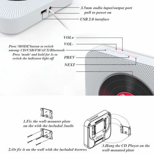 Tragbarer CD Player Bluetooth eingebauten HiFi Lautsprechern Wandmontage Musik - Bild 5 von 9